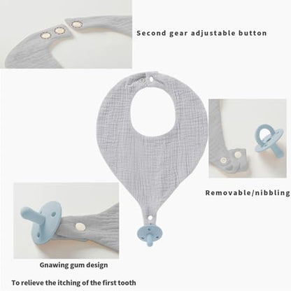 Close up of food grade silicone teether attached to baby bib