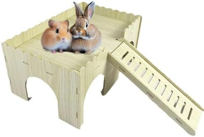 Large Wooden Guinea Pig House - 4 Entrances Small Animal Hide House Hideout with Ramp, Detachable Hut Habitats with Stairs for Hamsters Bunny Chinchillas Hedgeho-g Playing (Wood) - Image 2