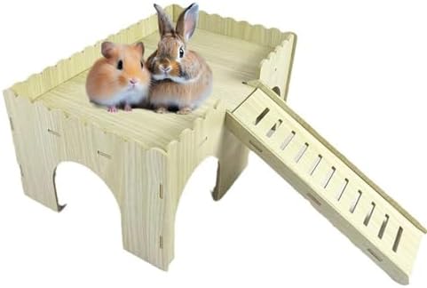 Large Wooden Guinea Pig House - 4 Entrances Small Animal Hide House Hideout with Ramp, Detachable Hut Habitats with Stairs for Hamsters Bunny Chinchillas Hedgeho-g Playing (Wood) - Image 2