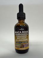 New Age adaptogenic dietary supplement bottles displaying ingredients like ashwagandha and fenugreek.