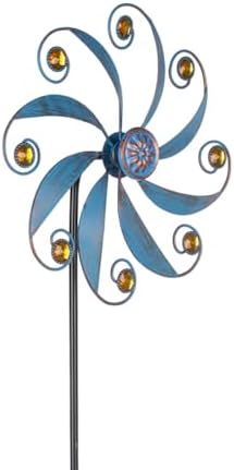 Close up of Stargarden blue kinetic wind spinner blades and center detail