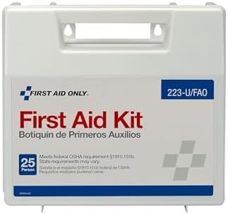 White plastic First Aid Only medical kit mounted on a wall