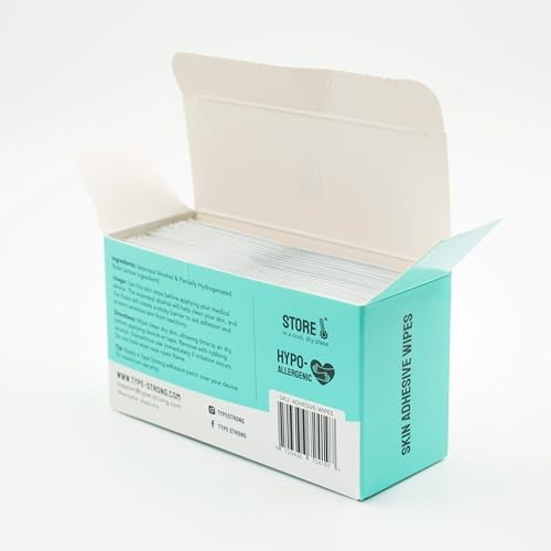 Individually wrapped Type Strong no-sting barrier wipes for CGM patch adhesion.
