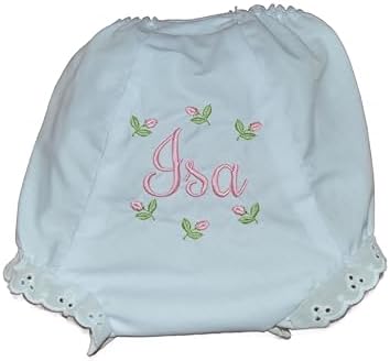 Detailed view of floral rosebud embroidery and eyelet lace on baby diaper cover