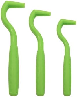 Three sizes of green plastic tick removal hooks for pet grooming