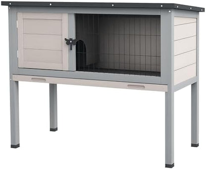 PawHut Elevated Wooden Rabbit Hutch, Indoor/Outdoor Bunny Cage with Hinged Asphalt Roof and Removable Tray for Guinea Pig, Light Gray - Image 2