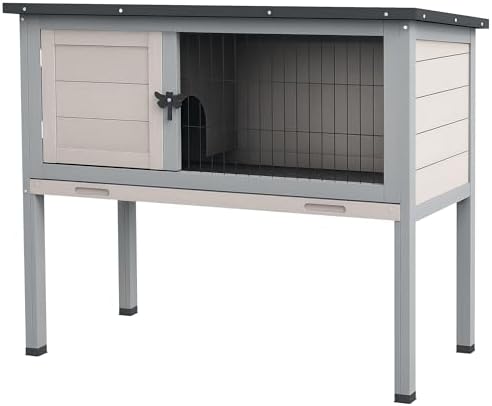 PawHut Elevated Wooden Rabbit Hutch, Indoor/Outdoor Bunny Cage with Hinged Asphalt Roof and Removable Tray for Guinea Pig, Light Gray - Image 2
