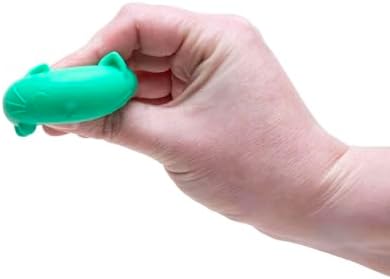 Four colorful miniature cat sensory squeeze toys lined up on a neutral background.