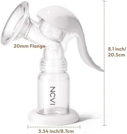 NCVI manual breast pump packaging box with included BPA free feeding bottle