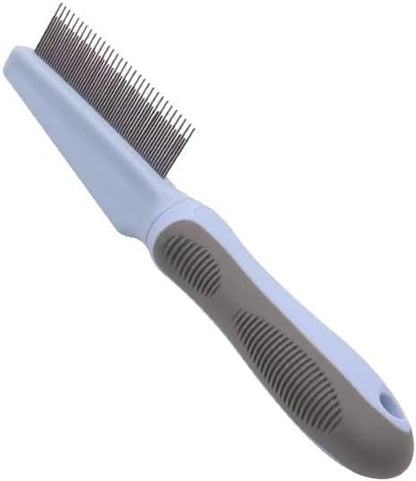 Emily Pets detangling pet grooming comb front view showcasing dual length stainless steel teeth.