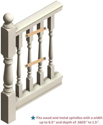 Cardinal Gates stairway banister adapter clamp installed on two wooden stair spindles without drilling.