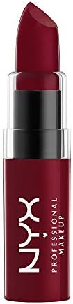 Nyx smooth satin lipstick open tube displaying the deep burgundy product bullet.