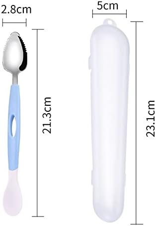 Andy's Orchids baby fruit puree mud scraper spoon placed next to its translucent plastic travel storage case
