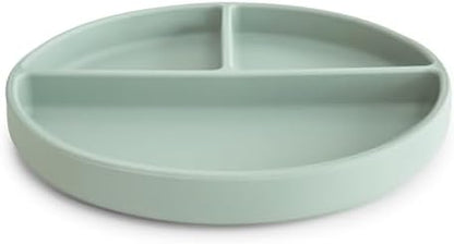 Side profile of Mushie silicone plate showing suction base