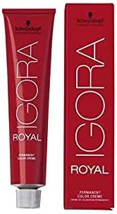 Schwarzkopf Igora Royal 8-77 permanent hair dye box displaying mixing instructions and white coverage benefits.