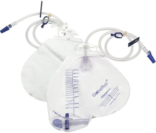 Five pack packaging of the GlobalRoll leak proof urinary drainage bags for home and hospital use.