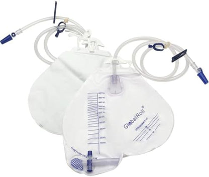 Five pack packaging of the GlobalRoll leak proof urinary drainage bags for home and hospital use.