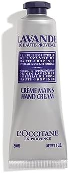 Authentic L'Occitane Lavande hand cream texture closeup on organic shea butter formulation.