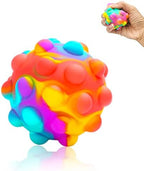 Washable RadBizz rainbow fidget ball being rinsed under water for easy cleaning.