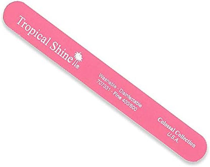Tropical Shine 400 600 grit nail file showing branding and pink design