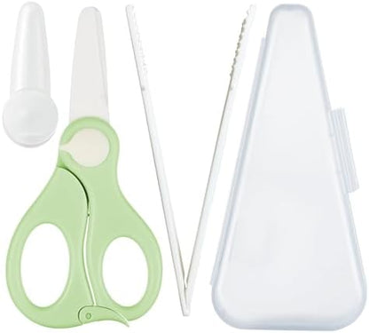 Artenny detachable toddler food shears separated at the joint to demonstrate thorough cleaning capability.