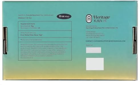 Heritage Kava Fiji Noble Root Powder packaging showing organic single source waka details