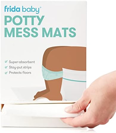 Side view of Frida Baby 20 count potty training mess mats box showing product size specifications