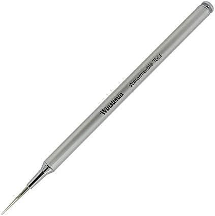 Close up view of the pointy stainless steel tip on the Winstonia watermarbling pen.