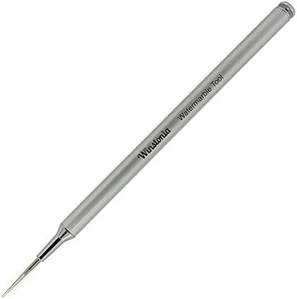 Close up view of the pointy stainless steel tip on the Winstonia watermarbling pen.