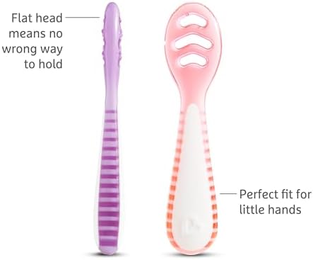 Munchkin Gentle Dip multi-pack tableware showcasing the flat-head design for early toddler independence.