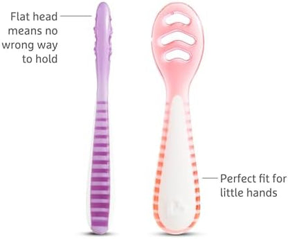 Munchkin Gentle Dip multi-pack tableware showcasing the flat-head design for early toddler independence.