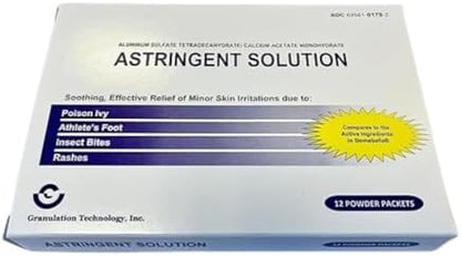 Individual white and purple powder packet of the skin soothing astringent treatment.