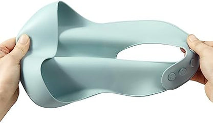 Three unisex PandaEar silicone bibs laid out flat displaying adjustable straps and large spill catchers