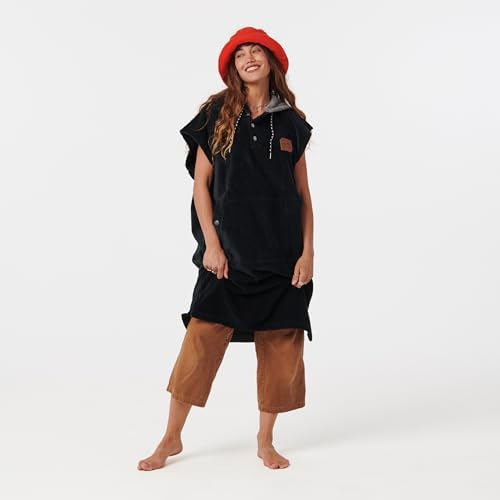 Slowtide hooded surf robe showing snap front placket and drawcords