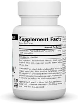 Side angle of Source Naturals Pycnogenol supplement bottle highlighting ingredient breakdown and non-GMO seal.