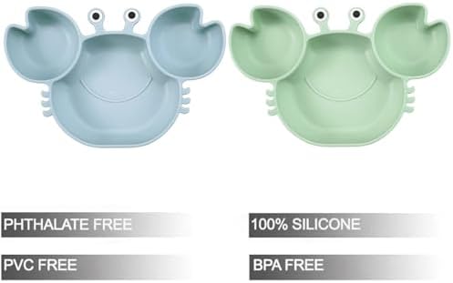 Two divided silicone toddler plates with matching baby spoons