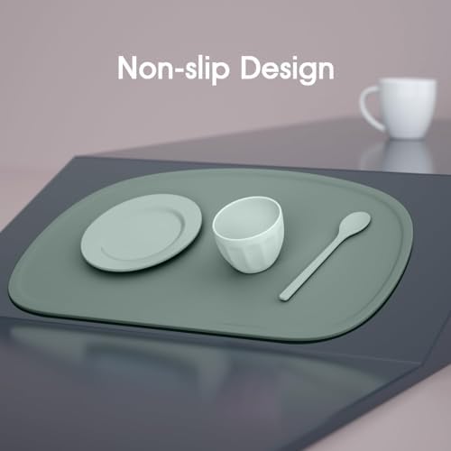 Dishwasher safe silicone placemats being loaded into the top rack for quick cleaning.