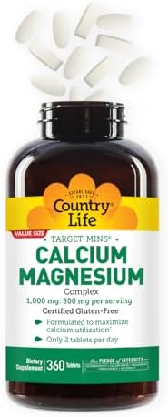 Side label of Country Life Calcium Magnesium 360 Tablets displaying the two to one ratio mineral facts.
