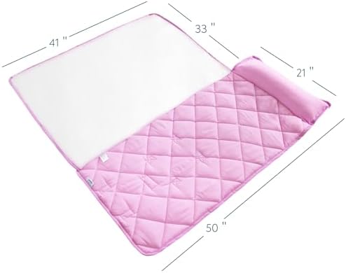 Violet kids roll up napping mat showing the removable pillow insert compartment