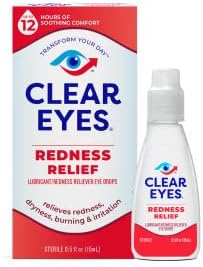 Close up of ingredients label for Clear Eyes eye drops