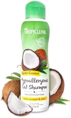 TropiClean USA imported cat shampoo for pet allergies showing packaging details.