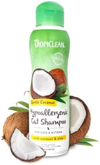 TropiClean USA imported cat shampoo for pet allergies showing packaging details.