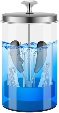 Close up of Iebarber glass sterilizer jar with stainless steel lid