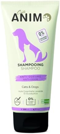 Authentic Cuteanimo imported pet shampoo bottle beside a dog showing soft and shiny fur results.