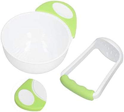 FTVOGUE anti scalding long handle baby feeding bowl with matching green grinding rod.