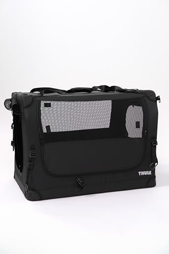 Thule authentic soft travel crate for dogs up to fifty pounds with both mesh doors open.
