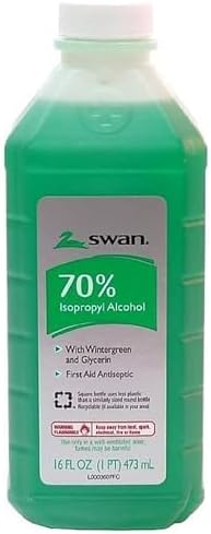 Authentic Swan wintergreen rubbing alcohol sixteen ounce bottle label details.