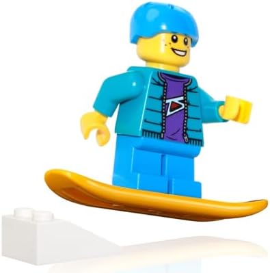 LEGO winter sports minifigure standing next to the white mini snow jump ramp component