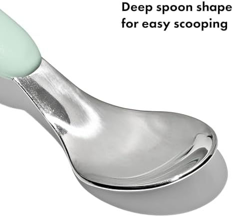 Close up of OXO Tot fork tines and deep spoon head