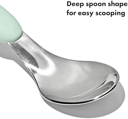 Close up of OXO Tot fork tines and deep spoon head